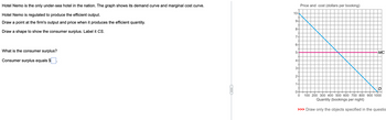 Hotel Nemo is the only under-sea hotel in the nation. The graph shows its demand curve and marginal cost curve.
Hotel
Nemo is regulated to produce the efficient output.
Draw a point at the firm's output and price when it produces the efficient quantity.
Draw a shape to show the consumer surplus. Label it CS.
What is the consumer surplus?
Consumer surplus equals $
(...)
10-
9-
8-
7-
6-
5-
4-
3-
2-
1-
0-
Price and cost (dollars per booking)
0
MC
100 200 300 400 500 600 700 800 900 1000
Quantity (bookings per night)
>>> Draw only the objects specified in the questio