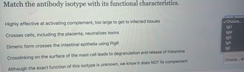 Match the antibody isotype with its functional characteristics.
Highly effective at activating complement, too large to get to infected tissues
Crosses cells, including the placenta, neutralizes toxins
Dimeric form crosses the intestinal epithelia using PlgR
Crosslinking on the surface of the mast cell leads to degranulation and release of histamine
Although the exact function of this isotype is unknown, we know it does NOT fix complement
✓Choose...
IgD
IgM
IgG
IgA
IgE
Choose...