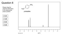 Question 8
NH2
Please drag the
chemical shift below
H3C
to the appropriate
proton position
p-toluidine
d 2.23
d 3.49
d 6.58
d 6.95
4
HSP-49-133
ppm
2.
00
