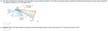 **(a)** The index of refraction for violet light in silica flint glass is 1.66, and that for red light is 1.62. What is the angular spread (in degrees) of visible light passing through a prism of apex angle 60.0° if the angle of incidence is 46.0°? See figure below.

*Diagram explanation:*
The diagram shows a prism with visible light entering from the left. The light splits into its constituent colors (red, orange, yellow, green, blue, violet), each bending at different angles and exiting toward a screen on the right. The angles of deviation for red and violet light are marked.

**Answer:** [Textbox for answer entry] °

**(b) What If?** What is the angular spread (in degrees) of visible light passing through a prism of apex angle 60.0° if the angle of incidence is 90°?

**Answer:** [Textbox for answer entry] °