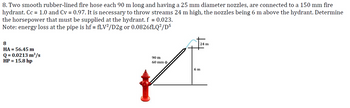 8. Two smooth rubber-lined fire hose each 90 m long and having a 25 mm diameter nozzles, are connected to a 150 mm fire
hydrant. Cc = 1.0 and Cv = 0.97. It is necessary to throw streams 24 m high, the nozzles being 6 m above the hydrant. Determine
the horsepower that must be supplied at the hydrant. f = 0.023.
Note: energy loss at the pipe is hf = fLV²/D2g or 0.0826fLQ²/D5
8
HA = 56.45 m
Q = 0.0213 m³/s
HP = 15.8 hp
90 m
60 mm ,
24 m
6 m