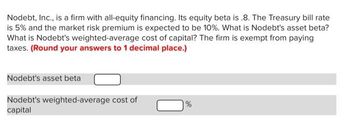 Nodebt, Inc., is a firm with all-equity financing. Its equity beta is .8. The Treasury bill rate
is 5% and the market risk premium is expected to be 10%. What is Nodebt's asset beta?
What is Nodebt's weighted-average cost of capital? The firm is exempt from paying
taxes. (Round your answers to 1 decimal place.)
Nodebt's asset beta
Nodebt's weighted-average cost of
capital
%