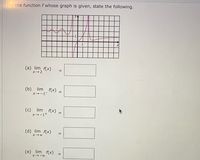 For the function f whose graph is given, state the following.
(a) lim f(x)
(b) lim
f(x)
X→-1-
(c)
f(x)
X→-1+
lim
%3D
(d) lim f(x)
%3D
(e) lim f(x)
X→-8
