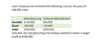 Isaac Company has estimated the following costs for this year for
240,000 units:
Manufacturing Selling & Administrative
Variable $150,000
$65,000
350,000
135,000
$200,000
Fixed
Total
$500,000
Calculate the manufacturing cost markup needed to obtain a target
profit of $100,000.