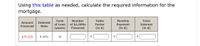 Using this table as needed, calculate the required information for the
mortgage.
Number
Table
Monthly
Payment
(in $)
Term
Total
Amount
Interest
of Loan
of $1,000s
Financed
Factor
Interest
Financed
Rate
(years)
(in $)
(in $)
$78,500
8.00%
30
