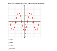 Determine the equation for the trigonometric graph below. yA 4 3 -27 -3/2 12 -1 -2 -4 -5 Oy= -3sin x у3Зсos x y= 3sin x у3-Зсos x 2. 