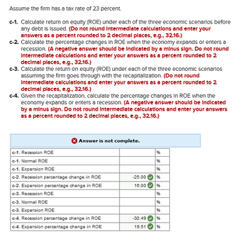 Assume the firm has a tax rate of 23 percent.
c-1. Calculate return on equity (ROE) under each of the three economic scenarios before
any debt is Issued. (Do not round Intermediate calculations and enter your
answers as a percent rounded to 2 decimal places, e.g., 32.16.)
c-2. Calculate the percentage changes in ROE when the economy expands or enters a
recession. (A negative answer should be indicated by a minus sign. Do not round
Intermediate calculations and enter your answers as a percent rounded to 2
decimal places, e.g., 32.16.)
c-3. Calculate the return on equity (ROE) under each of the three economic scenarios
assuming the firm goes through with the recapitalization. (Do not round
Intermediate calculations and enter your answers as a percent rounded to 2
decimal places, e.g., 32.16.)
c-4. Given the recapitalization, calculate the percentage changes in ROE when the
economy expands or enters a recession. (A negative answer should be indicated
by a minus sign. Do not round Intermediate calculations and enter your answers
as a percent rounded to 2 decimal places, e.g., 32.16.)
Answer is not complete.
c-1. Recession ROE
c-1. Normal ROE
c-1. Expansion ROE
c-2. Recession percentage change in ROE
c-2. Expansion percentage change in ROE
c-3. Recession ROE
c-3. Normal ROE
c-3. Expansion ROE
c-4. Recession percentage change in ROE
c-4. Expansion percentage change in ROE
-25.00
16.00
-30.49
19.51
%
%
%
%
%
%
%
%
%
%