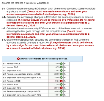 Assume the firm has a tax rate of 23 percent.
c-1. Calculate return on equity (ROE) under each of the three economic scenarios before
any debt is Issued. (Do not round Intermediate calculations and enter your
answers as a percent rounded to 2 decimal places, e.g., 32.16.)
c-2. Calculate the percentage changes in ROE when the economy expands or enters a
recession. (A negative answer should be indicated by a minus sign. Do not round
Intermediate calculations and enter your answers as a percent rounded to 2
decimal places, e.g., 32.16.)
c-3. Calculate the return on equity (ROE) under each of the three economic scenarios
assuming the firm goes through with the recapitalization. (Do not round
Intermediate calculations and enter your answers as a percent rounded to 2
decimal places, e.g., 32.16.)
c-4. Given the recapitalization, calculate the percentage changes in ROE when the
economy expands or enters a recession. (A negative answer should be indicated
by a minus sign. Do not round Intermediate calculations and enter your answers
as a percent rounded to 2 decimal places, e.g., 32.16.)
Answer is complete but not entirely correct.
c-1. Recession ROE
c-1. Normal ROE
c-1. Expansion ROE
c-2. Recession percentage change in ROE
c-2. Expansion percentage change in ROE
c-3. Recession ROE
c-3. Normal ROE
c-3. Expansion ROE
c-4. Recession percentage change in ROE
c-4. Expansion percentage change in ROE
8.09 %
10.79
%
12.51
%
-25.00
%
16.00✔ %
11.24
%
17.85
%
20.16 x %
-30.49 %
19.51
%
(3