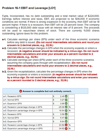 Problem 16-1 EBIT and Leverage [LO1]
Fujita, Incorporated, has no debt outstanding and a total market value of $220,000.
Earnings before Interest and taxes, EBIT, are projected to be $36,000 of economic
conditions are normal. If there is strong expansion in the economy, then EBIT will be 18
percent higher. If there is a recession, then EBIT will be 25 percent lower. The company
is considering a $125,000 debt Issue with an interest rate of 8 percent. The proceeds
will be used to repurchase shares of stock. There are currently 11,000 shares
outstanding. Ignore taxes for this problem.
a-1. Calculate earnings per share (EPS) under each of the three economic scenarios
before any debt is issued. (Do not round Intermediate calculations and round your
answers to 2 decimal places, e.g., 32.16.)
a-2. Calculate the percentage changes in EPS when the economy expands or enters a
recession. (A negative answer should be indicated by a minus sign. Do not round
Intermediate calculations and enter your answers as a percent rounded to 2
decimal places, e.g., 32.16.)
b-1. Calculate earnings per share (EPS) under each of the three economic scenarios
assuming the company goes through with recapitalization. (Do not round
Intermediate calculations and round your answers to 2 decimal places, e.g.,
32.16.)
b-2. Given the recapitalization, calculate the percentage changes in EPS when the
economy expands or enters a recession. (A negative answer should be indicated
by a minus sign. Do not round Intermediate calculations and enter your answers
as a percent rounded to 2 decimal places, e.g., 32.16.)
a-1. Recession EPS
a-1. Normal EPS
Answer is complete but not entirely correct.
a-1. Expansion EPS
a-2. Recession percentage change in EPS
a-2. Expansion percentage change in EPS
b-1. Recession EPS
b-1. Normal EPS
b-2. Expansion EPS
b-2. Recession percentage change in EPS
b-2. Expansion percentage change in EPS
$
$
S
$
$
$
2.45
3.27
3.86
-25.08
18.04
3.58
>>>>
%
%6
5.47
6.84
24.92 X
%
34.62 x %