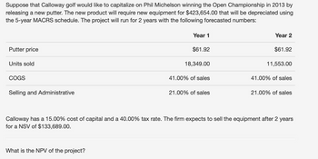 Suppose that Calloway golf would like to capitalize on Phil Michelson winning the Open Championship in 2013 by
releasing a new putter. The new product will require new equipment for $423,654.00 that will be depreciated using
the 5-year MACRS schedule. The project will run for 2 years with the following forecasted numbers:
Putter price
Units sold
COGS
Selling and Administrative
Year 1
What is the NPV of the project?
$61.92
18,349.00
41.00% of sales
21.00% of sales
Year 2
$61.92
11,553.00
41.00% of sales
21.00% of sales
Calloway has a 15.00% cost of capital and a 40.00% tax rate. The firm expects to sell the equipment after 2 years
for a NSV of $133,689.00.