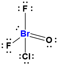 The image shows the Lewis structure of bromine oxyfluoride (BrOF₂Cl).

- **Central Atom**: Bromine (Br) is the central atom.
- **Attached Atoms**:
  - Two fluorine (F) atoms, each forming a single bond with bromine. Each fluorine has three lone pairs of electrons.
  - One oxygen (O) atom forms a double bond with bromine. Oxygen has two lone pairs of electrons.
  - One chlorine (Cl) atom forms a single bond with bromine and has three lone pairs of electrons.

- **Electron Pairs**:
  - Br has a total of 10 electrons in its valence shell, including three bonds and two lone pairs.
  
This structure illustrates the electron-sharing and bond formation between bromine, fluorine, oxygen, and chlorine atoms.