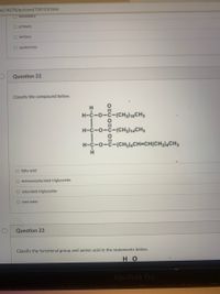 es/74576/quizzes/126123/take
U secondary
O primary
O tertiary
O quaternary
Question 22
Classify the compound below.
H
H-c-o-c-(CH216CH3
II
H-c-o-c-(CH2)14CH3
H-c-o-c-(CH2),CH=CH(CH2),CH3
O fatty acid
O monounsaturated triglyceride
O saturated triglyceride
O wax ester
Question 23
Classify the functional group and amino acid in the statements below.
но
MacBook Pro
