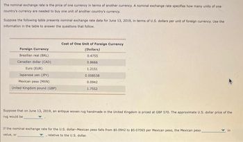 The nominal exchange rate is the price of one currency in terms of another currency. A nominal exchange rate specifies how many units of one
country's currency are needed to buy one unit of another country's currency.
Suppose the following table presents nominal exchange rate data for June 13, 2019, in terms of U.S. dollars per unit of foreign currency. Use the
information in the table to answer the questions that follow.
Foreign Currency
Brazilian real (BRL)
Canadian dollar (CAD)
Euro (EUR)
Japanese yen (JPY)
Mexican peso (MXN)
United Kingdom pound (GBP)
Cost of One Unit of Foreign Currency
(Dollars)
0.4755
0.8666
1.2151
0.008538
0.0942
1.7552
Suppose that on June 13, 2019, an antique woven rug handmade in the United Kingdom is priced at GBP 570. The approximate U.S. dollar price of the
rug would be
If the nominal exchange rate for the U.S. dollar-Mexican peso falls from $0.0942 to $0.07065 per Mexican peso, the Mexican peso
value, or
" relative to the U.S. dollar.
in