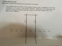 I. PROBLEM SOLVING
Directions: Answer the following word problems accurately.
1. Two parallel wires (as shown in the diagram below) carry a voltage of 15-V and a
resistance of 6 ohms in the same direction. Determine the magnitude and
direction of the net magnetic.field (B) at each of the three locations (a, b, & c).
Note: (1m = 100cm)
paralel current carrying wires
-4 cm
-3 cm
-2 cm
-1 cm
0 cm
+1 cm
+2 cm
+3 cm
+4 cm
12 A
12 A
