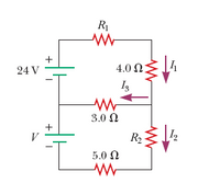 This image depicts an electrical circuit diagram featuring two voltage sources and three resistors. 

### Components:

1. **Voltage Sources:**
   - The first voltage source provides 24 volts.
   - The second voltage source is labeled as V (volts), with an unspecified value.

2. **Resistors:**
   - **R1**: A 4.0-ohm resistor with current \(I_1\) flowing downwards.
   - **R2**: A 3.0-ohm resistor with current \(I_3\) flowing to the right.
   - A 5.0-ohm resistor with current \(I_2\) flowing downwards.

### Current Directions:

- \(I_1\): The current flowing downwards through the 4.0-ohm resistor.
- \(I_2\): The current flowing downwards through the 5.0-ohm resistor.
- \(I_3\): The current flowing horizontally to the right through the 3.0-ohm resistor.

These components are configured such that the electrical circuit supports two separate loops, allowing multiple branches of current flow. The direction of the currents is indicated by arrows for each branch.

This diagram is useful for understanding and analyzing the flow of current in a multi-loop circuit, which is essential for solving circuit equations using Kirchhoff's laws.