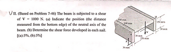 VII. (Based on Problem 7-46) The beam is subjected to a shear
=
of V 1000 N. (a) Indicate the position (the distance
measured from the bottom edge) of the neutral axis of the
beam. (b) Determine the shear force developed in each nail.
[(a):5%, (b):5%]
100 mm
100 mm
30 mm
30 mm
250 mm
B
150 mm
30 mm