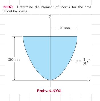 *6-60. Determine the moment of inertia for the area
about the x axis.
200 mm
y
100 mm
Probs. 6-60/61
y
=
50
X