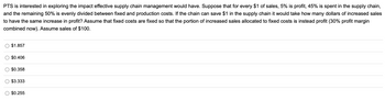 PTS is interested in exploring the impact effective supply chain management would have. Suppose that for every $1 of sales, 5% is profit, 45% is spent in the supply chain,
and the remaining 50% is evenly divided between fixed and production costs. If the chain can save $1 in the supply chain it would take how many dollars of increased sales
to have the same increase in profit? Assume that fixed costs are fixed so that the portion of increased sales allocated to fixed costs is instead profit (30% profit margin
combined now). Assume sales of $100.
$1.857
$0.406
$0.358
$3.333
$0.255