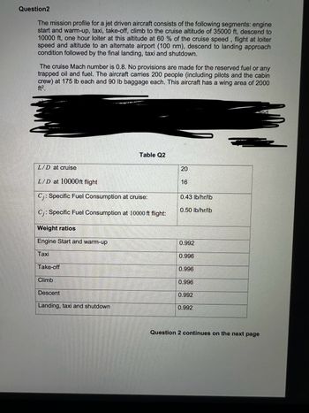 Question2
The mission profile for a jet driven aircraft consists of the following segments: engine
start and warm-up, taxi, take-off, climb to the cruise altitude of 35000 ft, descend to
10000 ft, one hour loiter at this altitude at 60% of the cruise speed, flight at loiter
speed and altitude to an alternate airport (100 nm), descend to landing approach
condition followed by the final landing, taxi and shutdown.
The cruise Mach number is 0.8. No provisions are made for the reserved fuel or any
trapped oil and fuel. The aircraft carries 200 people (including pilots and the cabin
crew) at 175 lb each and 90 lb baggage each. This aircraft has a wing area of 2000
ft²
L/D at cruise
L/D at 10000ft flight
Table Q2
20
16
0.43 lb/hr/lb
0.50 lb/hr/lb
C: Specific Fuel Consumption at cruise:
C: Specific Fuel Consumption at 10000 ft flight:
Weight ratios
Engine Start and warm-up
Taxi
Take-off
Climb
Descent
Landing, taxi and shutdown
0.992
0.996
0.996
0.996
0.992
0.992
Question 2 continues on the next page
