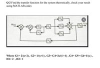 Q 2 Find the transfer function for the system theoretically, check your result
using MATLAB codes
G4
C(s)
G6
R(s)
G2
H2
Where G1= 2/(s+2), G2= 1/(s+1), G3= G4=2s/(s²+1) , G4= G5= G6=1/(s),
H1= 2 , H2= 1
