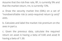 Assume that the risk-free rate, RF, is currently 9% and
that the market return, rm, is currently 13%.
a. Draw the security market line (SML) on a set of
"nondiversifiable risk (x axis)-required return (y axis)"
аxes.
b. Calculate and label the market risk premium on the
axes in part a.
c. Given the previous data, calculate the required
return on asset A having a beta of 0.80 and asset B
having a beta of 1.30.
