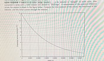 An inductor is "charged" to some value, then
connected in series with a 1002 resistor and allowed to "discharge". A measurement of the potential difference
across the resistor is shown in the figure below. Compute the time constant of the circuit, the inductance of the
inductor, and the initial current through the inductor.
12
10
8
6
Potential across resistor (V)
2
0
0
0.0001
0.0002
0.0003
0.0004
0.0005
0.0006
0.0007
time (s)