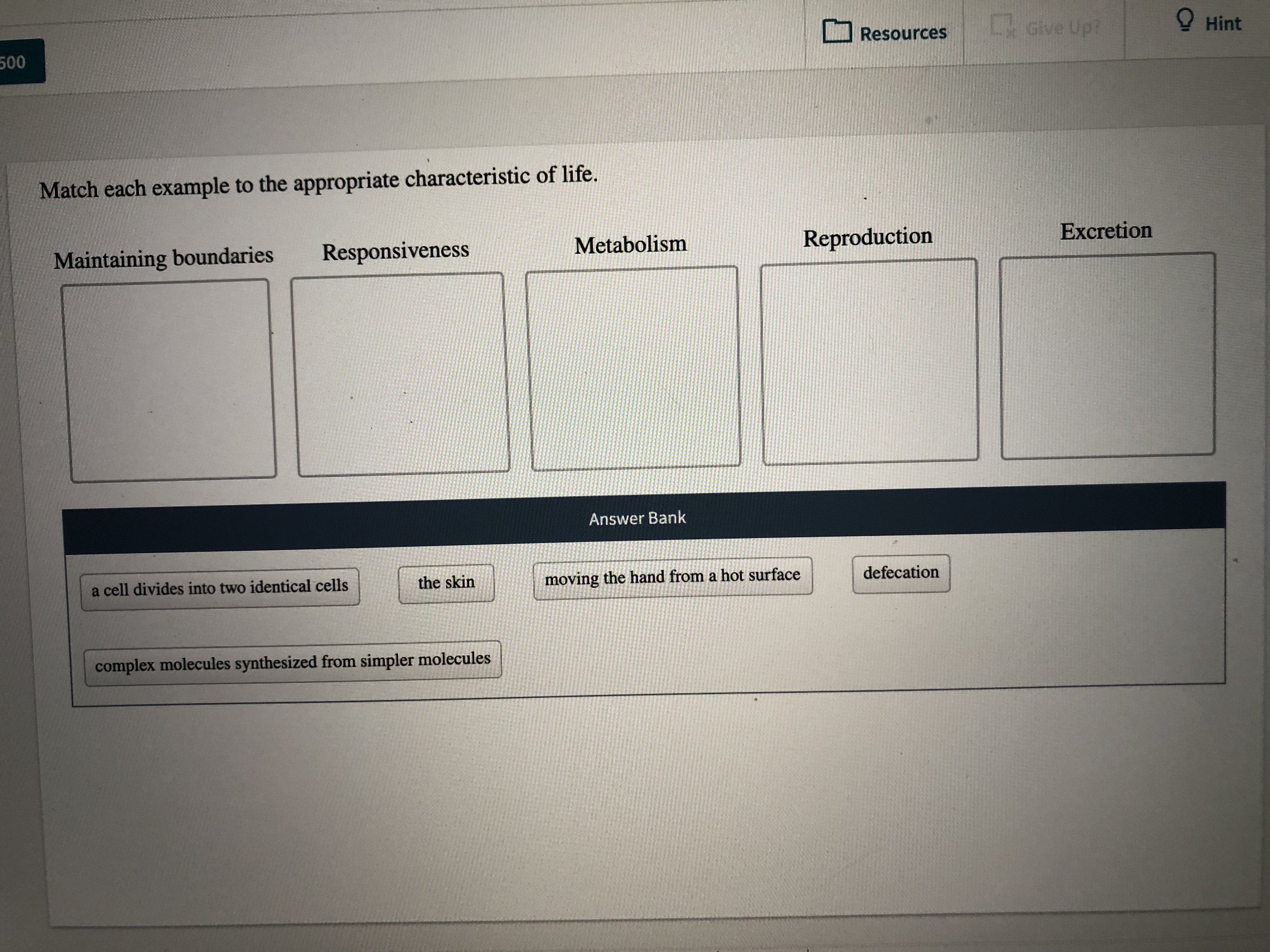 Hint
x Give Up?
Resources
500
Match each example to the appropriate characteristic of life.
Excretion
Reproduction
Metabolism
Responsiveness
Maintaining boundaries
Answer Bank
defecation
moving the hand from a hot surface
the skin
a cell divides into two identical cells
complex molecules synthesized from simpler molecules
