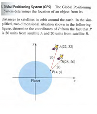 1. Global Positioning System (GPS) The Global Positioning
System determines the location of an object from its
distances to satellites in orbit around the earth. In the sim-
plified, two-dimensional situation shown in the following
figure, determine the coordinates of P from the fact that P
is 26 units from satellite A and 20 units from satellite B.
A(22, 32)
26/
B(28, 20)
20
P(x, y)
Planet
