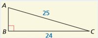 ### Right Triangle ABC

The image depicts a right triangle labeled as triangle ABC where angle B is the right angle (90 degrees). Here are the details of the sides:

- **Side \(AB\)**: This is one of the two legs forming the right angle. It is perpendicular to side \(BC\).
- **Side \(BC\)**: This is the other leg forming the right angle at B. The length of side \(BC\) is labeled as 24 units.
- **Side \(AC\)**: This is the hypotenuse of the right triangle, which is the side opposite the right angle. The length of the hypotenuse is labeled as 25 units.

The right angle at point B is indicated with a small square in the corner.

### Explanation

In the context of right triangles, the lengths of the sides are often related according to the Pythagorean theorem. The theorem states that in a right-angled triangle:

\[ \text{(Length of Hypotenuse)}^2 = \text{(Length of one leg)}^2 + \text{(Length of other leg)}^2 \]

In this diagram, the hypotenuse \(AC\) is labeled 25, and one of the legs \(BC\) is labeled 24. To find the length of the other leg \(AB\), you would perform the following calculation:

\[ AC^2 = AB^2 + BC^2 \]
\[ 25^2 = AB^2 + 24^2 \]
\[ 625 = AB^2 + 576 \]
\[ AB^2 = 625 - 576 \]
\[ AB^2 = 49 \]
\[ AB = \sqrt{49} \]
\[ AB = 7 \]

Therefore, the length of side \(AB\) is 7 units.