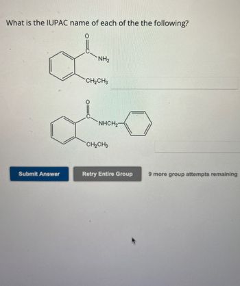 What is the IUPAC name of each of the the following?
L
NH2
CH2CH3
NHCH2
CH2CH3
Submit Answer
Retry Entire Group
9 more group attempts remaining