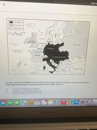 ### World War I Alliances

#### Map of Europe with Alliances Prior to World War I

The map provided illustrates the alignment of European nations into two main alliances prior to the outbreak of World War I. It differentiates the countries involved in the Triple Alliance, Triple Entente, and the neutral nations.

**Legend:**
- **Triple Alliance**: Shaded in dark gray.
- **Triple Entente**: Shaded in light gray.
- **Neutral nations**: Left unshaded.

**Key Elements on the Map:**
1. **Triple Alliance**:
   - **Germany**
   - **Austria-Hungary**
   - **Italy** (Though not prominently marked, part of the dark gray shading)

2. **Triple Entente**:
   - **France**
   - **United Kingdom**
   - **Russia**

3. **Neutral Nations**: Not specified clearly but inferred from lack of shading.

##### Scale:
- The map includes a scale for reference:
  - **200 miles** to **400 miles**
  - **200 kilometers** to **400 kilometers**

#### Question on World War I Alliances:

"One cause of World War I was the nations had aligned into two alliance systems. Which of the following combinations of nations comprised the Triple Alliance?"

A. France, Great Britain, and Russia  
B. Germany, Great Britain, and Russia  
C. Austria-Hungary, Germany, and Italy

#### Answer:
The correct answer is:
C. Austria-Hungary, Germany, and Italy

This information is essential for understanding the geopolitical landscape leading up to World War I and how alliances contributed to the eventual conflict.