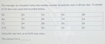 The manager at a hospital claims the median number of patients seen is 80 per day. A sample
of 20 days was used and recorded below.
82
86
72
105
85
95
84
80
93
89
88
86
Using the sign test, at a-0.05, test claim.
The correct CV is
81
74
81
81
80
62
83
87