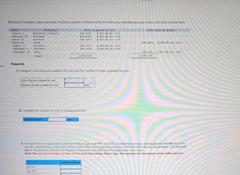 ces
Montoure Company uses a periodic inventory system. It entered into the following calendar-year purchases and sales transactions.
Activities
Beginning inventory
Purchase
Purchase
Date
January 1
February 10
March 13
March 15
August 21
September 5
September 10
Sales
Purchase
Purchase
Sales.
Totals
Cost of goods available for sale
Number of units available for sale
Ending inventory
Units Acquired at Cost
605 units
410 units
205 units
units
(a) FIFO
(b) LIFO
CH
105 units.
505 units
Required:
1. Compute cost of goods available for sale and the number of units available for sale.
1,830 units
2. Compute the number of units in ending inventory.
units
Ending Inventory
@ $45.00 per unit
@ $42.00 per unit
@ $27.00 per unit
@ $50.00 per unit
@$46.00 per unit.
Units Sold at Retail.
820 units
610 units
1,430 units
@ $75.00 per unit
3. Compute the cost assigned to ending inventory using (a) FIFO, (b) LIFO, (c) weighted average, and (d) specific identification. For
specific identification, units sold consist of 605 units from beginning inventory, 305 from the February 10 purchase, 205 from the
March 13 purchase, 55 from the August 21 purchase, and 260 from the September 5 purchase.
Note: Round your average cost per unit to 2 decimal places. Round your final answers to the nearest whole dollar amount.
@ $75.00 per unit