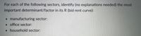 For each of the following sectors, identify (no explanations needed) the most
important determinant/factor in its R (bid rent curve):
• manufacturing sector:
• office sector:
• household sector:
