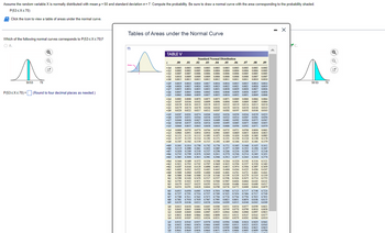 Assume the random variable X is normally distributed with mean μ = 50 and standard deviation o=7. Compute the probability. Be sure to draw a normal curve with the area corresponding to the probability shaded.
P(53≤x≤70)
Click the icon to view a table of areas under the normal curve.
Which of the following normal curves corresponds to P(53≤X≤70)?
O A.
50 53
70
Q
Q
P(53 ≤x≤70) = (Round to four decimal places as needed.)
Tables of Areas under the Normal Curve
Area
TABLE V
z
-3.4
-3.3
-3.2
-3.1
-3.0
-2.9
-2.8
-2.7
-2.6
-2.5
-2.4
-2.3
-2.2
-2.1
-2.0
0.0082 0.0080 0.0078 0.0075 0.0073 0.0071 0.0069 0.0068 0.0066 0.0064
0.0107 0.0104 0.0102 0.0099 0.0096 0.0094 0.0091 0.0089 0.0087 0.0084
0.0139 0.0136 0.0132 0.0129 0.0125 0.0122 0.0119 0.0116 0.0113 0.0110
0.0179 0.0174 0.0170 0.0166 0.0162 0.0158 0.0154 0.0150 0.0146 0.0143
0.0228 0.0222 0.0217 0.0212 0.0207 0.0202 0.0197 0.0192 0.0188 0.0183
-1.9 0.0287 0.0281 0.0274 0.0268 0.0262 0.0256 0.0250 0.0244 0.0239 0.0233
-1.8 0.0359 0.0351 0.0344 0.0336 0.0329 0.0322 0.0314 0.0307 0.0301 0.0294
-1.7 0.0446 0.0436 0.0427
0.0427 0.0418 0.0409 0.0401 0.0392 0.0384 0.0375 0.0367
-1.6 0.0548 0.0537 0.0526 0.0516 0.0505 0.0495 0.0485 0.0475 0.0465 0.0455
-1.5
0.0668 0.0655 0.0643 0.0630 0.0618 0.0606 0.0594 0.0582 0.0571 0.0559
-1.4 0.0808 0.0793 0.0778 0.0764 0.0749 0.0735 0.0721 0.0708 0.0694 0.0681
-1.3 0.0968 0.0951 0.0934 0.0918 0.0901 0.0885 0.0869
0.0853 0.0838 0.0823
-1.2 0.1151 0.1131 0.1112 0.1093 0.1075 0.1056 0.1038 0.1020 0.1003 0.0985
-1.1 0.1357 0.1335 0.1314 0.1292 0.1271 0.1251 0.1230 0.1210 0.1190 0.1170
0.1587 0.1562 0.1539 0.1515 0.1492 0.1469 0.1446 0.1423 0.1401 0.1379
0.1841 0.1814 0.1788 0.1762 0.1736 0.1711 0.1685 0.1660 0.1635 0.1611
-1.0
0.2119 0.2090 0.2061 0.2033 0.2005 0.1977 0.1949 0.1922 0.1894 0.1867
0.2420 0.2389 0.2358 0.2327 0.2296 0.2266 0.2236 0.2206 0.2177 0.2148
0.2743 0.2709 0.2676 0.2643 0.2611 0.2578 0.2546 0.2514 0.2483 0.2451
0.3085 0.3050 0.3015 0.2981 0.2946 0.2912 0.2877 0.2843 0.2810 0.2776
-0.9
-0.8
-0.7
-0.6
-0.5
-0.4
-0.3
-0.2
-0.1
-0.0
0.0
0.1
0.2
0.3
0.4
0.5
0.6
0.7
0.8
0.9
Standard Normal Distribution
.02 .03 .04 .05 .06 .07 .08 .09
.00
.01
0.0003 0.0003 0.0003 0.0003 0.0003 0.0003 0.0003 0.0003 0.0003 0.0002
0.0005 0.0005 0.0005 0.0004 0.0004 0.0004 0.0004 0.0004 0.0004 0.0003
0.0007 0.0007 0.0006 0.0006 0.0006 0.0006 0.0006 0.0005 0.0005 0.0005
0.0010 0.0009 0.0009 0.0009
0.0013 0.0013 0.0013 0.0012
0.0019 0.0018 0.0018 0.0017
0.0026 0.0025 0.0024 0.0023
0.0008 0.0008 0.0008 0.0008 0.0007 0.0007
0.0012 0.0011 0.0011 0.0011 0.0010 0.0010
0.0016
0.0015
0.0016 0.0015
0.0014 0.0014
0.0023 0.0022 0.0021 0.0021 0.0020 0.0019
0.0035 0.0034 0.0033 0.0032 0.0031 0.0030 0.0029 0.0028 0.0027 0.0026
0.0047 0.0045 0.0044 0.0043 0.0041 0.0040 0.0039 0.0038 0.0037 0.0036
0.0062 0.0060 0.0059 0.0057 0.0055 0.0054 0.0052 0.0051 0.0049 0.0048
1.0
1.1
1.2
0.3446 0.3409 0.3372 0.3336 0.3300 0.3264 0.3228 0.3192 0.3156 0.3121
0.3821 0.3783 0.3745 0.3707 0.3669 0.3632 0.3594 0.3557 0.3520 0.3483
0.4207 0.4168 0.4129 0.4090 0.4052 0.4013 0.3974 0.3936 0.3897 0.3859
0.4443 0.4404 0.4364 0.4325 0.4286 0.4247
0.4602 0.4562 0.4522 0.4483
0.5000 0.4960 0.4920 0.4880 0.4840 0.4801 0.4761 0.4721 0.4681 0.4641
0.5199 0.5239 0.5279 0.5319 0.5359
0.5000 0.5040 0.5080 0.5120 0.5160
0.5398 0.5438 0.5478 0.5517 0.5557 0.5596 0.5636 0.5675 05714 0.5753
0.5793 0.5832 0.5871 0.5910 0.5948
0.6179 0.6217 0.6255
0.6293 0.6331
0.6554 0.6591 0.6628 0.6664 0.6700 0.6736 0.6772
0.5987 0.6026 0.6064 0.6103 0.6141
0.6368 0.6406 0.6443 0.6480 0.6517
0.6808 0.6844 0.6879
0.7157 0.7190 0.7224
0.6915 0.6950 0.6985 0.7019 0.7054 0.7088 0.7123
0.7257 0.7291 0.7324 0.7357 0.7389 0.7422 0.7454 0.7486 0.7517 0.7549
0.7580 0.7611 0.7642 0.7673 0.7704 0.7734 0.7764 0.7794 0.7823 0.7852
0.7881 0.7910 0.7939 0,7967 0.7995 0.8023 0.8051 0.8078 0.8106 0.8133
0.8159 0.8186 0.8212 0.8238 0.8264 0.8289 0.8315 0.8340 0.8365 0.8389
0.8413 0.8438
0.8461 0.8485 0.8508 0.8531 0.8554 0.8577 0.8599 0.8621
0.8643 0.8665 0.8686 0.8708 0.8729 0.8749 0.8770 0.8790 0.8810 0.8830
0.8849 0.8869 0.8888 0.8907 0.8925 0.8944 0.8962 0.8980 0.8997 0.9015
0.9032 0.9049 0.9066 0.9082 0.9099 0.9115 0.9131 0.9147 0.9162 0.9177
1.4 0.9192 0.9207 0.9222 0.9236 0.9251 0.9265 0.9279 0.9292 0.9306 0.9319
1.3
0.9370 0.9382 0.9394 0.9406 0.9418 0.9429 0.9441
0.9463 0.9474
1.5 0.9332 0.9345 0.9357
1.6 0.9452
0.9484 0.9495 0.9505 0.9515 0.9525 0.9535 0.9545
0.9554 0.9564 0.9573 0.9582 0.9591 0.9599 0.9608 0.9616 0.9625 0.9633
0.9641 0.9649 0.9656 0.9664 0.9671 0.9678 0.9686 0.9693 0.9699 0.9706
amin
00700
1.7
1.8
10
B073
0033
mare 00701
pa
a para
- X
✓C
50 53
70
Q
Q