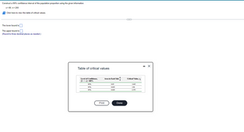 Construct a 95% confidence interval of the population proportion using the given information.
x = 80, n = 200
Click here to view the table of critical values.
The lower bound is
The upper bound is
(Round to three decimal places as needed.)
Table of critical values
Level of Confidence,
(1 - a). 100%
90%
95%
99%
Print
Area in Each Tail,
0.05
0.025
0.005
Done
C
Critical Value, z
1.645
1.96
2.575
X