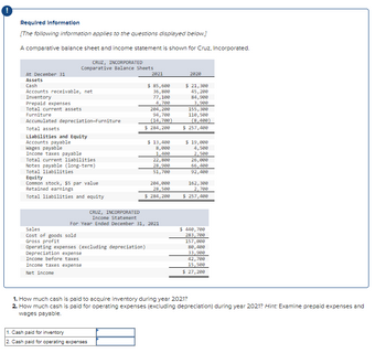 Required Information
[The following information applies to the questions displayed below.]
A comparative balance sheet and income statement is shown for Cruz, Incorporated.
CRUZ, INCORPORATED
Comparative Balance Sheets
At December 31
Assets
Cash
Accounts receivable, net
Inventory
Prepaid expenses
Total current assets
Furniture
Accumulated depreciation-Furniture
Total assets
Liabilities and Equity
Accounts payable
Wages payable
Income taxes payable
Total current liabilities
Notes payable (long-term)
Total liabilities
Equity
Common stock, $5 par value
Retained earnings
Total liabilities and equity
Sales
Cost of goods sold
Gross profit
2021
$ 85,600
36,800
77,100
4,700
204, 200
94,700
(14,700)
$ 284,200
Operating expenses (excluding depreciation)
Depreciation expense
Income before taxes
Income taxes expense
Net income
1. Cash paid for inventory
2. Cash paid for operating expenses
$ 13,400
8,000
1,400
CRUZ, INCORPORATED
Income Statement
For Year Ended December 31, 2021
22,800
28,900
51,700
204,000
28,500
$ 284,200
2020
$ 21,300
45,200
84,900
3,900
155,300
110,500
(8,400)
$ 257,400
$ 19,000
4,500
2,500
26,000
66,400
92,400
162,300
2,700
$ 257,400
$ 440,700
283,700
157,000
80,400
33,900
42,700
15,500
$ 27,200
1. How much cash is paid to acquire inventory during year 2021?
2. How much cash is paid for operating expenses (excluding depreciation) during year 2021? Hint: Examine prepaid expenses and
wages payable.