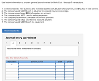 Use below information to prepare general journal entries for Belle Co.'s 1 through 7 transactions.
1. D. Belle created a new business and invested $5,900 cash, $6,900 of equipment, and $12,900 in web servers.
2. The company paid $6,000 cash in advance for prepaid insurance coverage.
3. The company purchased $800 of supplies on account.
4. The company paid $600 cash for selling expenses.
5. The company received $6,000 cash for services provided.
6. The company paid $800 cash toward accounts payable.
7. The company paid $4,000 cash for equipment.
View transaction list
Journal entry worksheet
A
в с
D
E F G
>
Record the owner investment in company.
Note: Enter debits before credits.
Transaction
General Journal
Debit
Credit
1.
