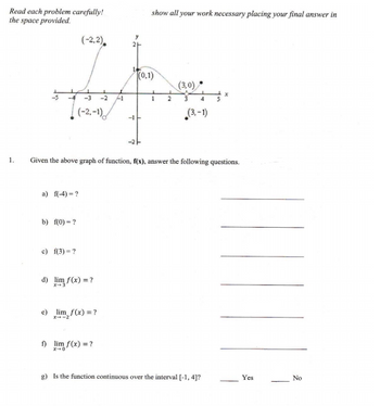 Read each problem carefully!
the space provided.
1.
a) f(-4)=?
b) f(0) = ?
(-2,2)
c) f(3) = ?
-3 -2 41
(-2,-1)
d) lim f(x) = ?
e) lim₂ f(x) = ?
-1
f) lim f(x) = ?
show all your work necessary placing your final answer in
(0,1)
Given the above graph of function, f(x), answer the following questions.
1
(3,0)
4
(3,-1)
X
g) Is the function continuous over the interval [-1,4]?
Yes
No