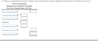 2. Prepare a statement of owner's equity. Assume that there was an additional investment of $2,400 on June 10.
Vance Company
Statement of Owner's Equity
For Year Ended June 30, 20--
Subtotal
