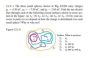 22.8 • The three small spheres shown in Fig. E22.8 carry charges
91 = 4.30 nC, q2 = -7.50 nC, and q3 = 2.60 nC. Find the net electric
flux through each of the following closed surfaces shown in cross sec-
tion in the figure: (a) S¡; (b) S2; (c) S3; (d) S4; (e) Sg. (f) Do your an-
swers to parts (a)–(e) depend on how the charge is distributed over each
small sphere? Why or why not?
Figure E22.8
Surface What it encloses
042
S, 91
S, 92
91 and q2
S4
93
91 and q3
S5 4, and q, and q3
