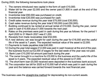 During 2020, the following transactions took place:
1. The owners introduced new capital in the form of cash £10,000.
2. Water bill for the year £2,000 and the owner paid £1,800 in cash at the end of the
financial year.
3. Inventories total £60,000 was purchased on credit.
4. Inventories total £20,000 was purchased for cash.
5. Credit sales revenue during the year total £75,000 (cost £35,000).
6. Cash sales revenue during the year total £100,000 (cost £50,000).
7. Building continued to be rented at annual rental of £10,000. During the year, owner
paid in cash £10,500 plus £1,000 towards the next year.
8. Rates on the premises were paid in cash during the year as follows: for the period 1
April 2020 to 31 March 2021 was £1,200.
9. Receipts from trade receivables total £52,000.
10.A new delivery van was bought for cash during the year for £16,000 and the useful
life of the asset is 7 years. The expected residual value of the asset is £2,000.
11.Payments to trade payables total £40,000.
12. During the year total wages £12,000 was paid in cash however at the end of the year,
the business found out £2,000 of wages for the last week of the year was not paid.
13. Bank Loan £10,200 full amount paid back during the year.
14. The owner brought in a machine for £5,000 to the business and the useful life of the
asset is 4 years. The expected residual value of the assest is £1,000.
15. The short-term loan £5,000 received were deposited in the business bank account.
16. The corporation tax bill for 2020 is £10,000 half of which was paid in cash during the
year and the balance was carried forward towards the next financial year.
The business uses the straight-line method for depreciating its non-current assets.
