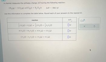 A chemist measures the enthalpy change AH during the following reaction:
CS2(g) + 3 Cl2(g)→CC14(1) + S2Cl2(1)
AH=-304. kJ
Use this information to complete the table below. Round each of your answers to the nearest kJ.
reaction
ΔΗ
☐ x10
3
->
3
CS, (e) + C₁₂ (g) → CC₁₂ (1) + + S₂ C₁₂(1)
Ok
kJ
4CCI (1) + 4S2C₁₂ (1) → 4CS2(g) + 12Cl2(g)
CCo̟ (1) + S₂C₁₂ (1) → CS₂ (g) + 3C₁₂ (g)
OkJ
kJ