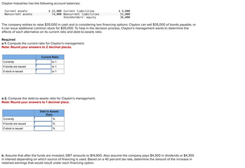 Clayton Industries has the following account balances:
Current assets
Noncurrent assets
$ 22,000 Current liabilities
74,000 Noncurrent liabilities
Stockholders' equity
$ 9,000
51,000
36,000
The company wishes to raise $35,000 in cash and is considering two financing options: Clayton can sell $35,000 of bonds payable, or
it can issue additional common stock for $35,000. To help in the decision process, Clayton's management wants to determine the
effects of each alternative on its current ratio and debt-to-assets ratio.
Required
a-1. Compute the current ratio for Clayton's management.
Note: Round your answers to 2 decimal places.
Currently
If bonds are issued
If stock is issued
Current Ratio
to 1
to 1
to 1
a-2. Compute the debt-to-assets ratio for Clayton's management.
Note: Round your answers to 1 decimal place.
Currently
If bonds are issued
If stock is issued
Debt to Assets
Ratio
%
%
%
b. Assume that after the funds are invested, EBIT amounts to $14,900. Also assume the company pays $4,300 in dividends or $4,300
in interest depending on which source of financing is used. Based on a 40 percent tax rate, determine the amount of the increase in
retained earnings that would result under each financing option.