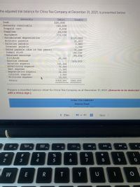 The adjusted trial balance for China Tea Company at December 31, 2021, is presented below:
Accounts
Debit
$20,000
162,000
9,000
28,000
370,000
Credit
Cash
Accounts receivable
Prepaid rent
Supplies
Equipment
Accumulated depreciation
Accounts payable
Salaries payable
Interest payable
Notes payable (due in two years)
$125,000
16,000
3,800
1,700
30,000
190,000
99,300
Common stock
Retained earnings
Dividends
26,000
Service revenue
Salaries expense
Advertising expense
Rent expense
Depreciation
Interest expense
Utilities expense
500,000
182,000
79,000
11,000
38,000
2,800
38,000
$ 965,800
nse
Totals
$965,800
Prepare a classified balance sheet for China Tea Company as of December 31, 2021. (Amounts to be deducted
with a minus sign.)
CHINA TEA COMPANY
Balance Sheet
< Prey
40 of 40
Next >
20
F3
000
F4
II
F8
F2
F5
F6
F7
F9
@
#
2$
%
&
*
2
4
6
7
9.
W
Y
U
