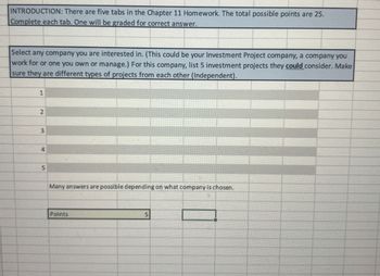 INTRODUCTION: There are five tabs in the Chapter 11 Homework. The total possible points are 25.
Complete each tab. One will be graded for correct answer.
Select any company you are interested in. (This could be your Investment Project company, a company you
work for or one you own or manage.) For this company, list 5 investment projects they could consider. Make
sure they are different types of projects from each other (Independent).
1
2
3
4
5
Many answers are possible depending on what company is chosen.
Points
5