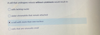 A cell that undergoes mitosis without cytokinesis would result in:
O cells lacking nuclei
O sister chromatids that remain attached
a cell with more than one nucleus
O ceiis that are unusually smaili
