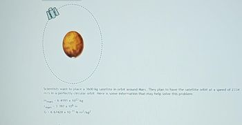 il
Scientists want to place a 3600 kg satellite in orbit around Mars. They plan to have the satellite orbit at a speed of 2334
m/s in a perfectly circular orbit. Here is some information that may help solve this problem:
mmars = 6.4191 x 1023 kg
mars = 3.397 x 106 m
G = 6.67428 x 10-11 N-m²/kg²