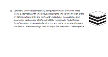 9) Consider a layered biocomposite (see Figure) in which a crystalline phase
(dark) is alternating with amorphous phase (light). The volume fraction of the
crystalline material is 0.3 and the Young's modulus of the crystalline and
amorphous fractions are 50 GPa and 50 MPa respectively. Find effective
Young's modulus in perpendicular direction and to the composite. Compare
this result to effective Young's modulus in parallel direction to the composite.