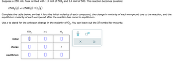 Suppose a 250. mL flask is filled with 1.5 mol of NO₂ and 1.4 mol of NO. This reaction becomes possible:
2
2NO₂(g) → 2NO(g) + O₂(g)
Complete the table below, so that it lists the initial molarity of each compound, the change in molarity of each compound due to the reaction, and the
equilibrium molarity of each compound after the reaction has come to equilibrium.
Use x to stand for the unknown change in the molarity of O₂. You can leave out the M symbol for molarity.
initial
change
equilibrium
NO₂
0
0
NO
0
0
0₂
X
0|0
Ś